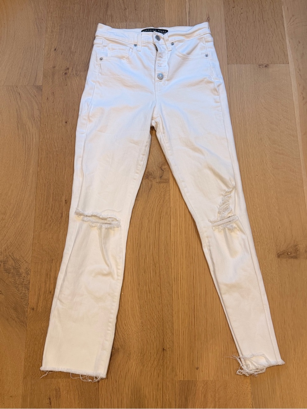 Veronica Beard Ryleigh White Distressed High-Rise Slim Straight Jeans